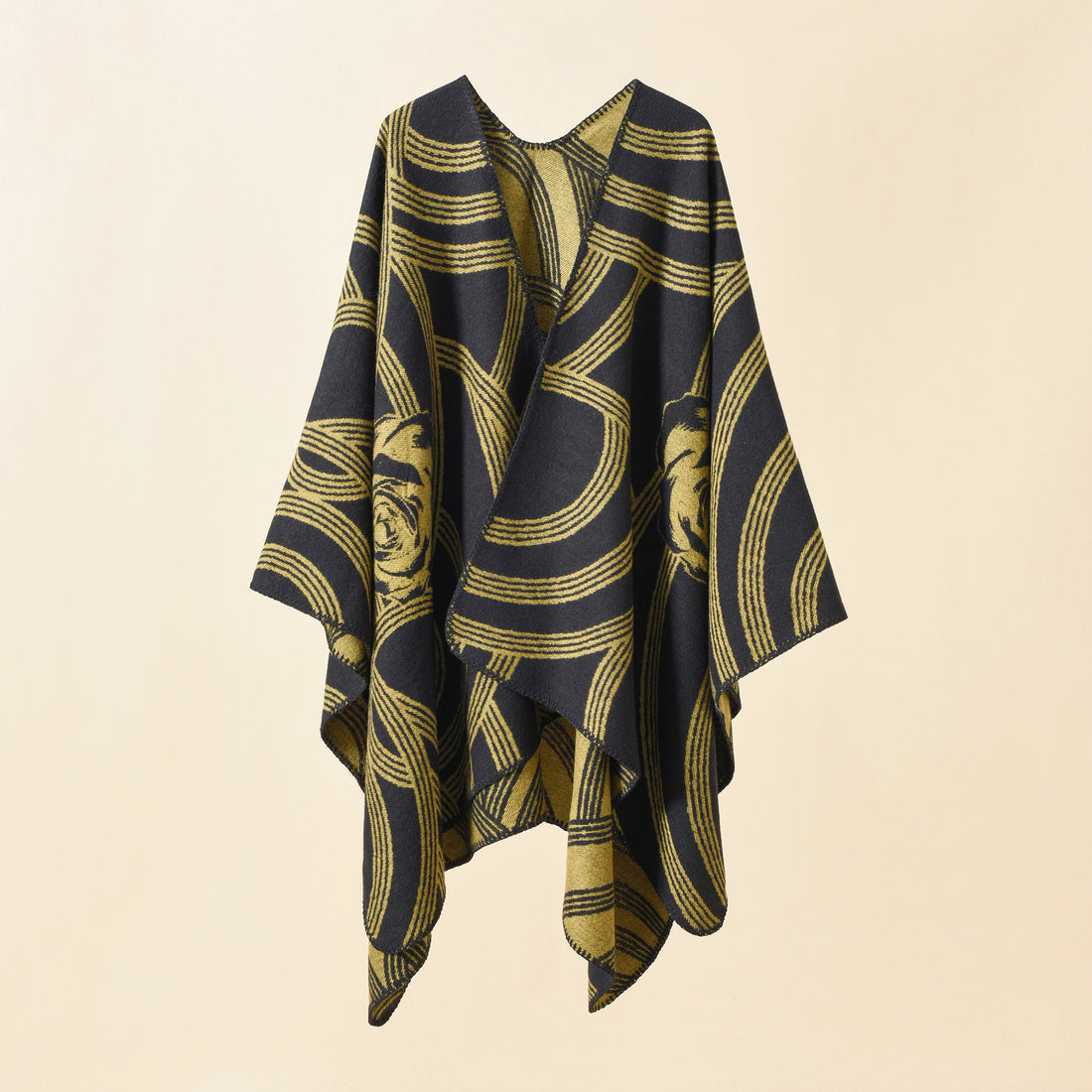 Damen Reversfreier Jacquard-Umhang im kastigen Oversize mit abstraktem Medaillonmuster – Montévia