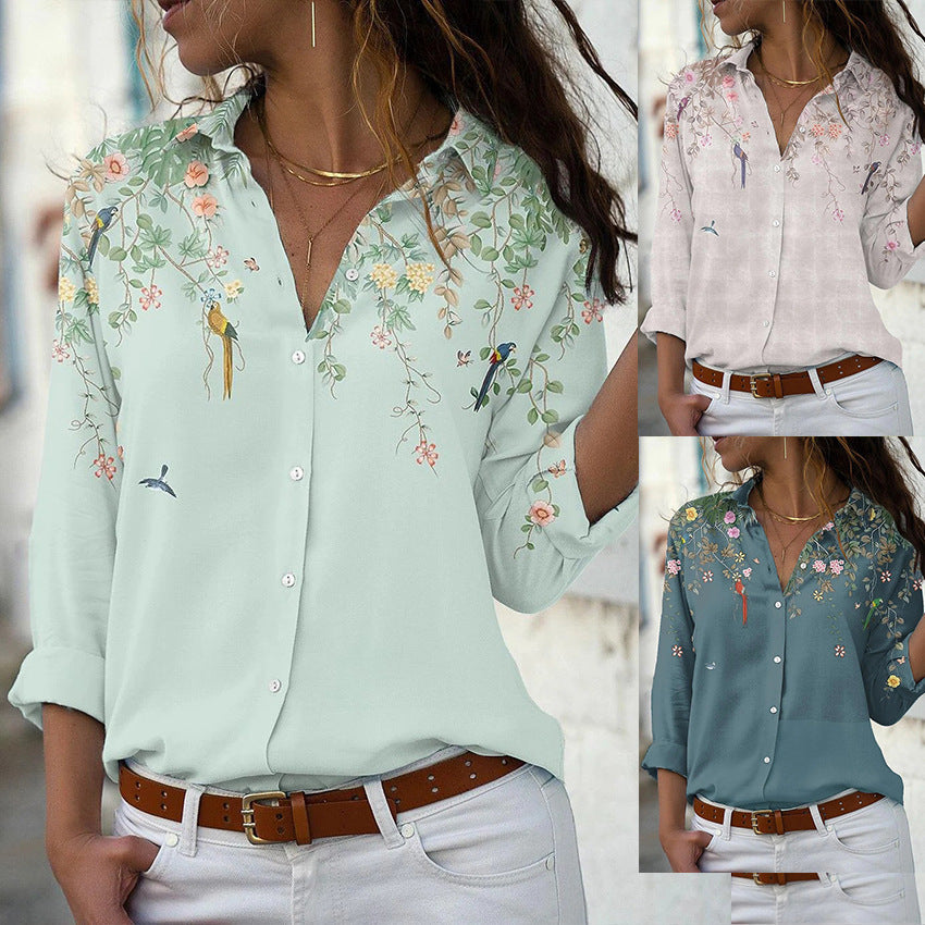 Damen nan leichte Chiffonbluse mit floralem Vogelprint, Knopfleiste und lässigem Schnitt Echo Archiv