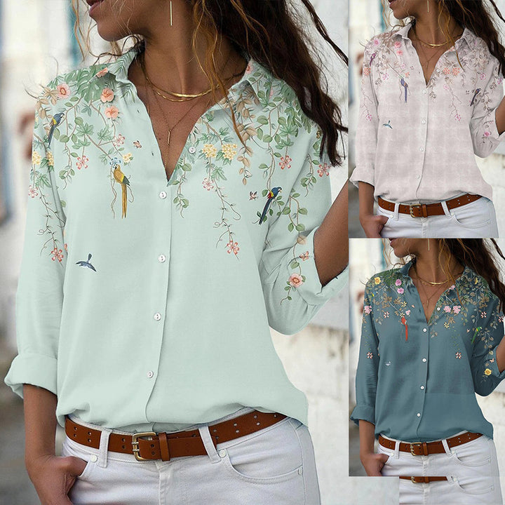 Damen nan leichte Chiffonbluse mit floralem Vogelprint, Knopfleiste und lässigem Schnitt Echo Archiv