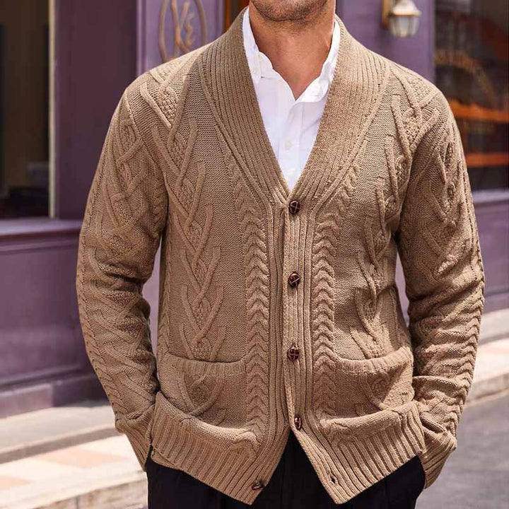 Herren Zopfstrick-Cardigan mit Schalkragen und aufgesetzten Taschen – Terenzo