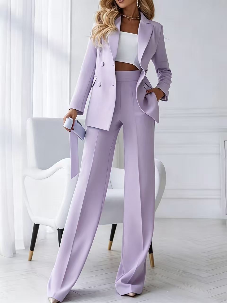 Damen Zweiteiliger Business-Hosenanzug mit tailliertem Zweireiherblazer und High-Waist Palazzo-Hose – Valéne