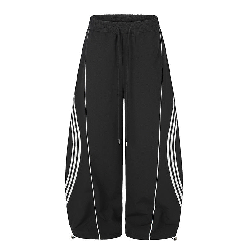 Damen Weite Tech-Material Palazzohose mit Tunnelzugbund, reflektierenden Seitenstreifen und verstellbarem Kordel-Saum Echoarchiv