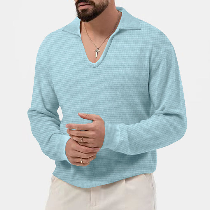 Herren eleganter Pullover mit tiefem V-Ausschnitt und strukturiertem Material Echoarchiv