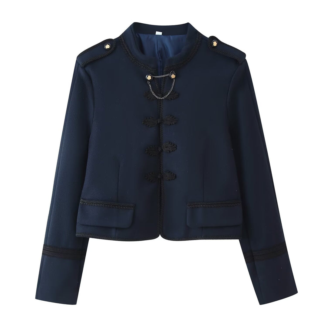 Damen Kurzjacke im Bouclé‑Look mit Mandarin‑Kragen, Kordelfroschverschluss und Zier‑Schulterklappen Echo Archiv