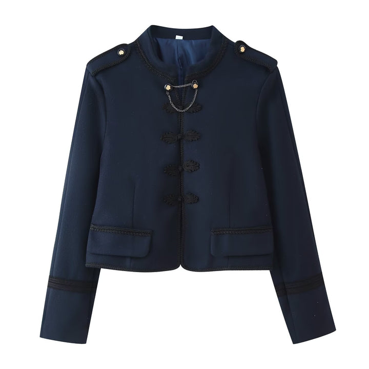 Damen Kurzjacke im Bouclé‑Look mit Mandarin‑Kragen, Kordelfroschverschluss und Zier‑Schulterklappen Echo Archiv