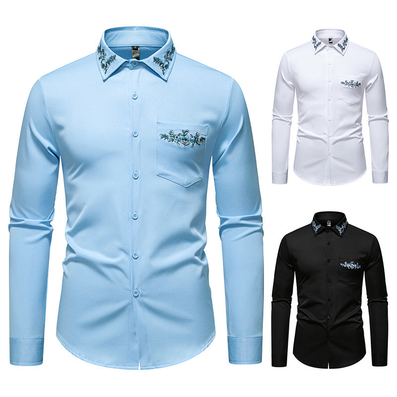 Herren Langarmhemd mit floralem Stickdesign Echoarchiv