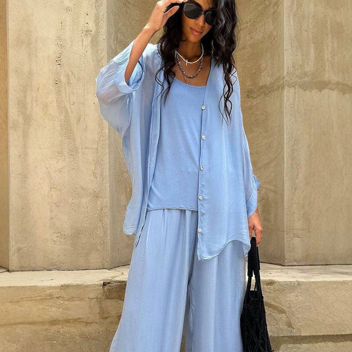 Damen Dreiteiliges Loungewear-Set aus leichter Viskose mit Oversize-Bluse, Top und weiter Palazzohose Echoarchiv