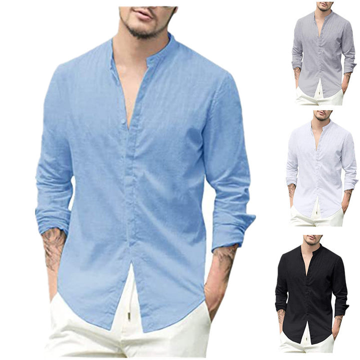 Herren Langarm Hemd mit modernem Stehkragen und eleganten Knopfdetails Echoarchiv
