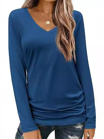 Damen Figurbetontes V‑Ausschnitt Langarmshirt aus Stretch‑Jersey mit leicht gerafftem Saum Echo Archiv