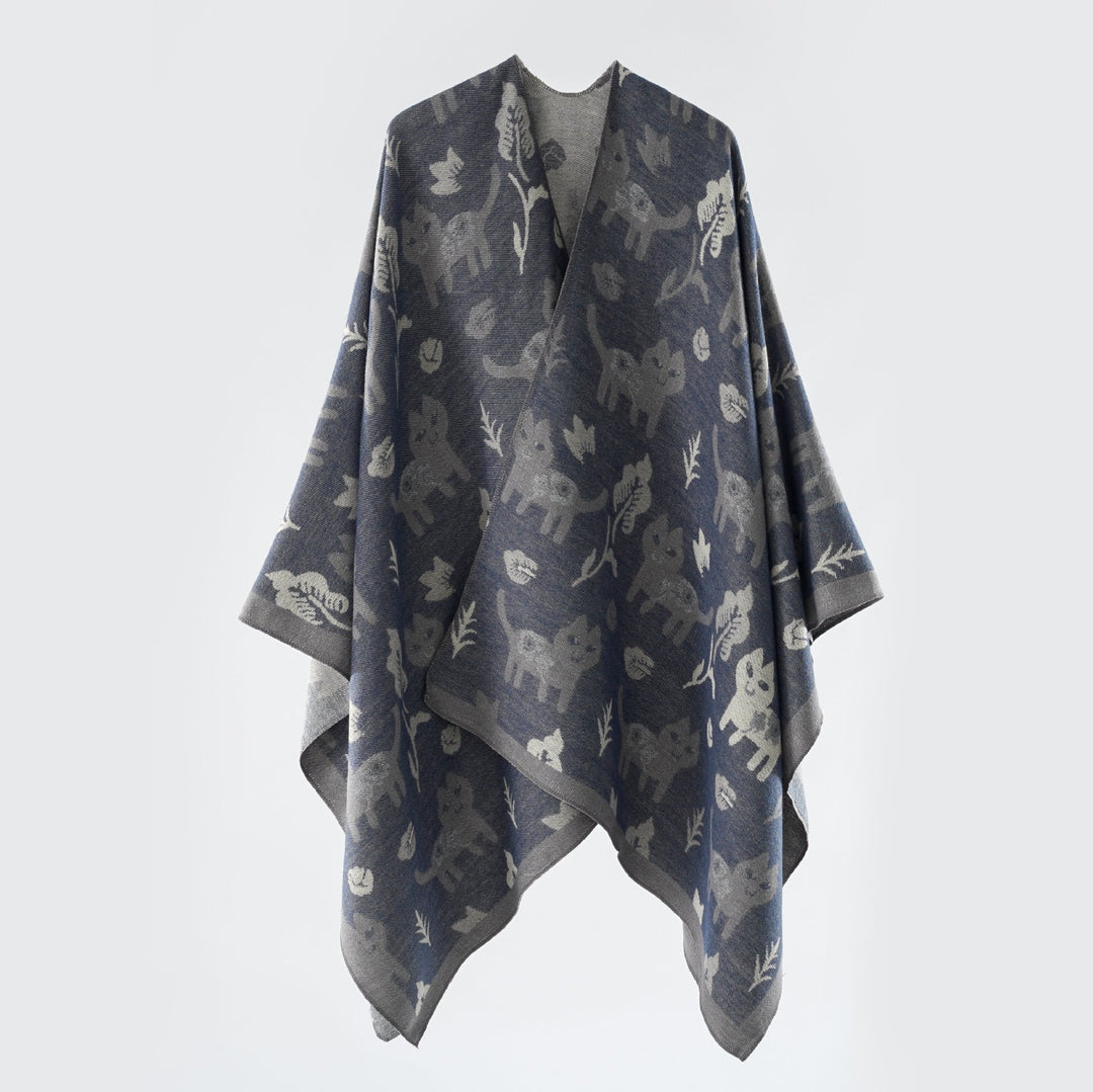 Damen Oversized Ruana im Jacquard mit Katzen- & Blumenmotiv Echo Archiv