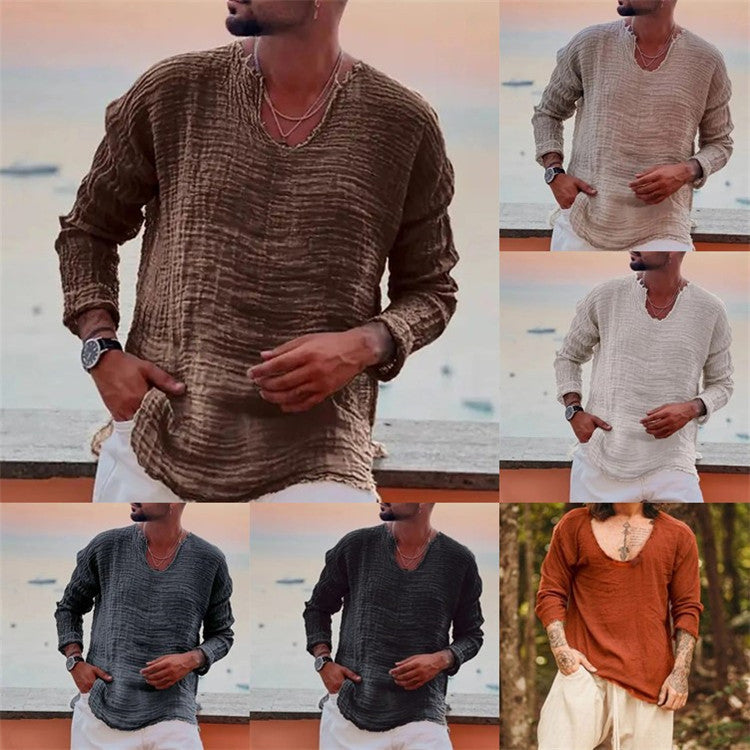 Herren lässiges V-Neck Leinenhemd Echoarchiv