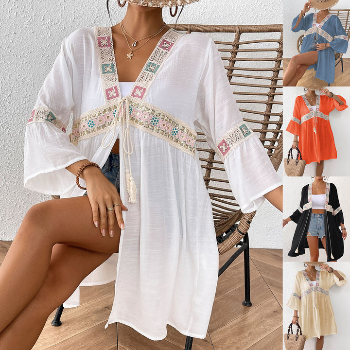 Damen luftiger Strandkimono mit floralen Stickereien Echo Archiv
