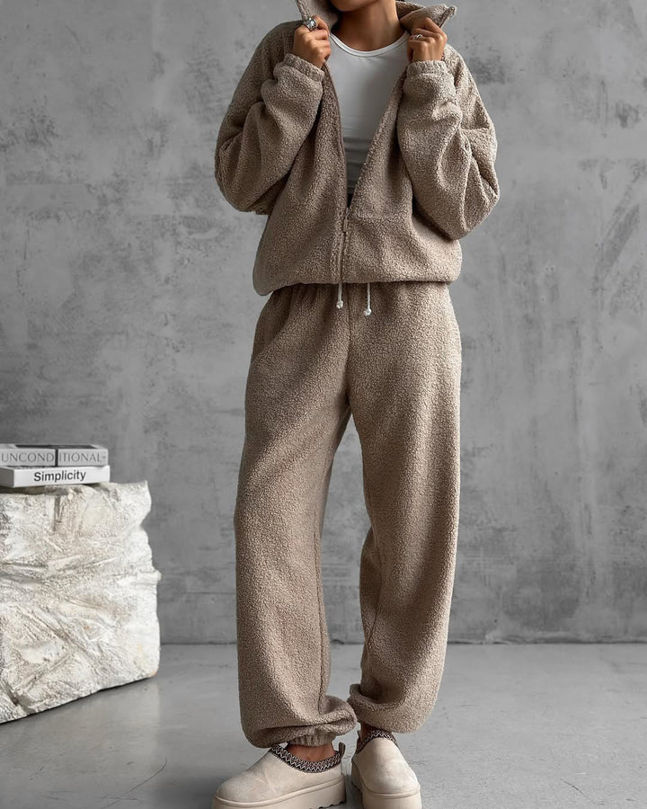 Damen Teddy-Fleece-Loungewear Set mit halbem Reißverschluss elastischem Tunnelzugbund und weitem Bein – Auréline