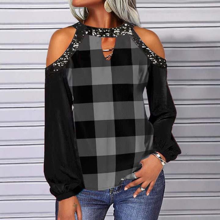 Damen Off-Shoulder kariertes Bluse mit Paillettenbesatz und langen Ballonärmeln – Élovi