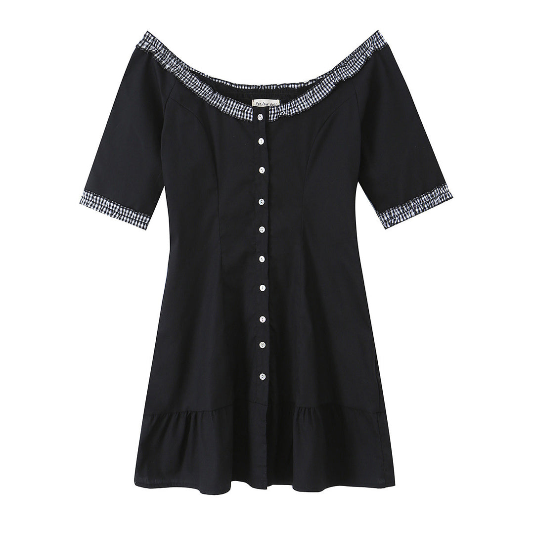 Damen Off-Shoulder Carmenkleid mit Knopfleiste, taillierter A‑Linie und kariertem Rüschenbesatz Echo Archiv