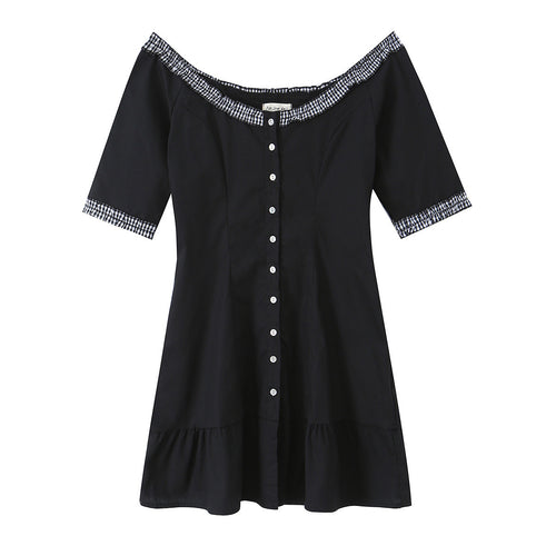 Damen Off-Shoulder Carmenkleid mit Knopfleiste, taillierter A‑Linie und kariertem Rüschenbesatz Echo Archiv