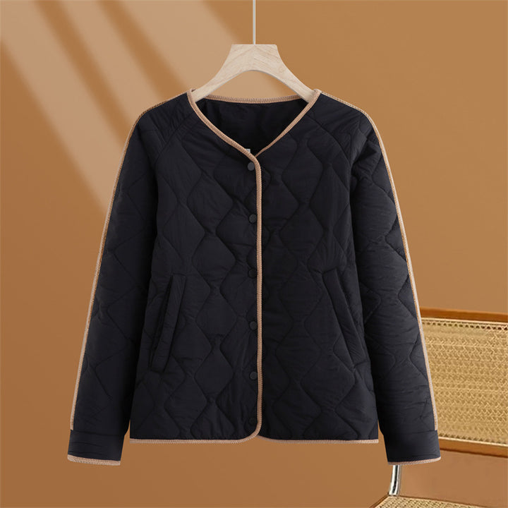 Damen gesteppte Übergangsjacke mit Rautenstepp, Rundhals und Druckknopfleiste – Célinea