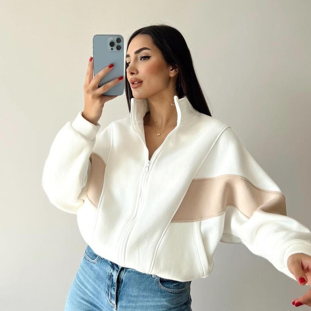 Damen Kurz geschnittener Stehkragen-Reißverschluss-Hoodie im Colorblock-Sportstyle Echoarchiv