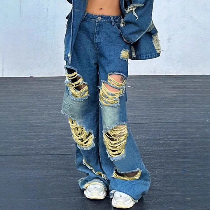 Damen weite Destroyed-Baggy-Jeans mit großflächigen Fransenrissen und relaxed Fit Echo Archiv