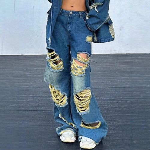 Damen weite Destroyed-Baggy-Jeans mit großflächigen Fransenrissen und relaxed Fit Echo Archiv