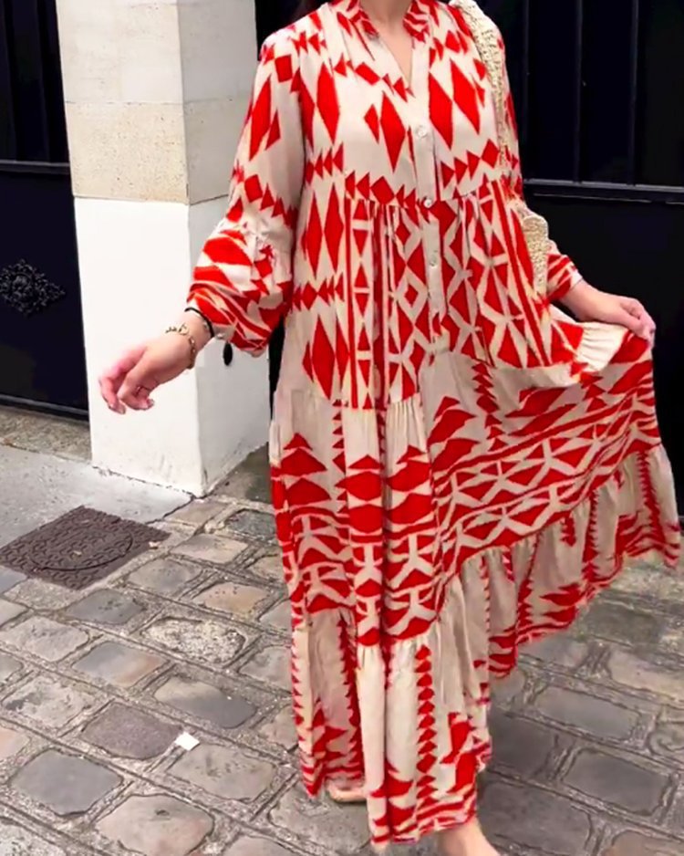 Damen Lockeres Maxikleid im Boho‑Stil mit grafischem Print, V‑Ausschnitt und Knopfleiste Echo Archiv