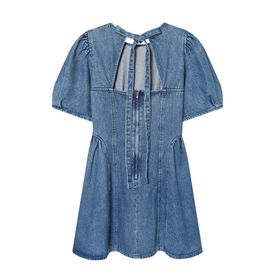 Damen Denim-Kleid mit Puffärmeln, Teilungsnähten und ausgestellter A-Linie Echoarchiv