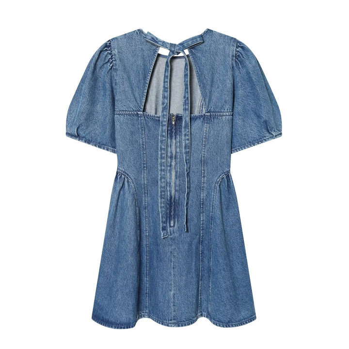 Damen Denim-Kleid mit Puffärmeln, Teilungsnähten und ausgestellter A-Linie Echoarchiv
