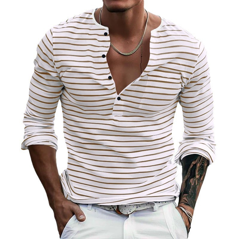Herren modisches Langarm-Henley-Shirt mit Streifenmuster Echoarchiv