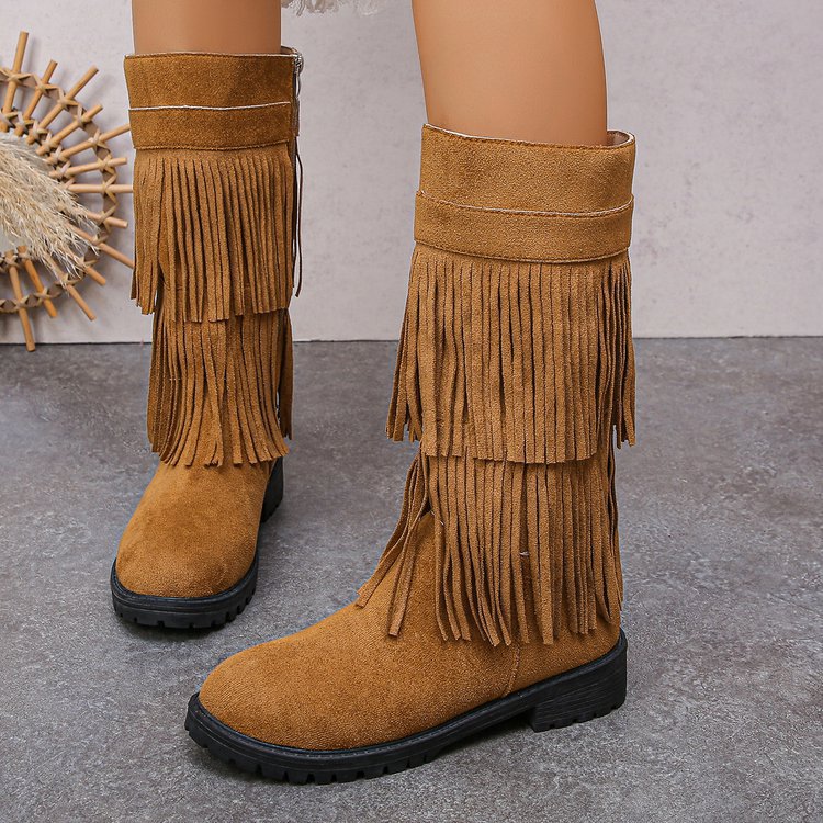 Damen Mid‑Calf Fransenstiefel aus Veloursimitat mit mehrlagigen Fransen und profilierter Gummisohle Echo Archiv