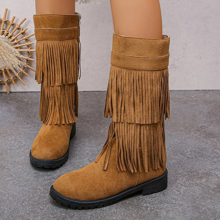 Damen Mid‑Calf Fransenstiefel aus Veloursimitat mit mehrlagigen Fransen und profilierter Gummisohle Echo Archiv