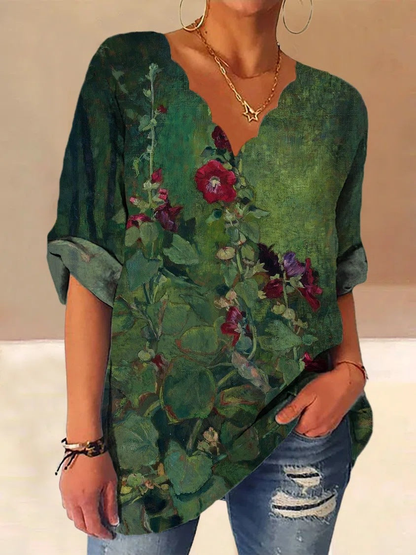 Damen Lockere Bluse mit Welligem V-Ausschnitt und Aquarell Floral Print – Élovi