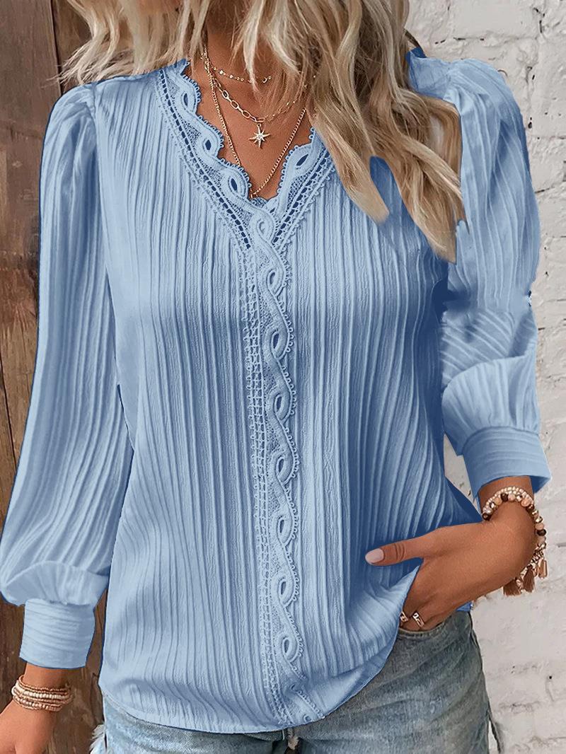 Damen nan romantische V-Ausschnitt Spitzenbluse mit Plissee und Puffärmeln Echo Archiv