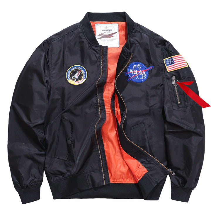 Männermode mit  besticktem Patch Flug-Bomberjacke mit kontrastierender Innenfutter und Utility-Ärmeltasche Echo Archiv