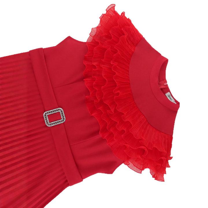 Damen plissiertes Abendkleid mit Volant-Ausschnitt und Taillengürtel Echo Archiv