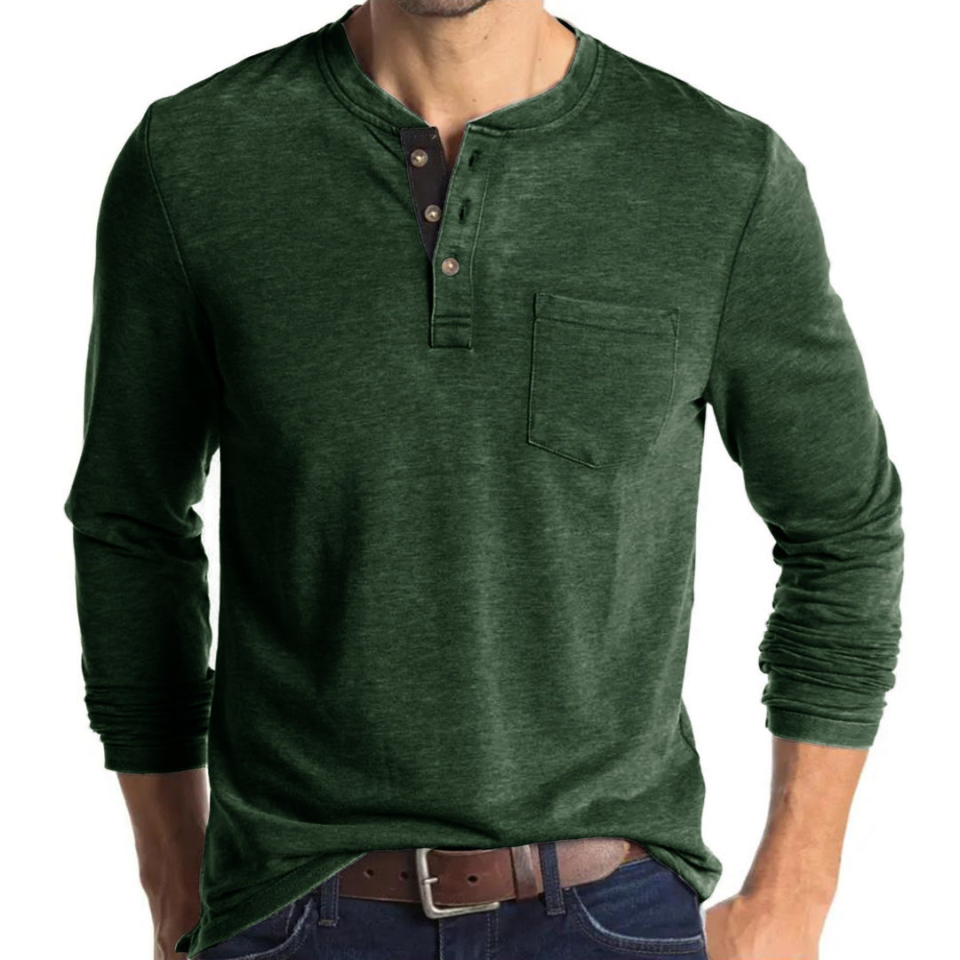 Herren Langarmshirt mit modernem Henley-Kragen und Brusttasche Echoarchiv