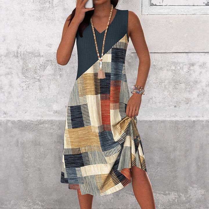 Damen nan ärmelloses V-Ausschnitt Midikleid mit diagonalem Patchworkmuster und geripptem Oberteil Echo Archiv