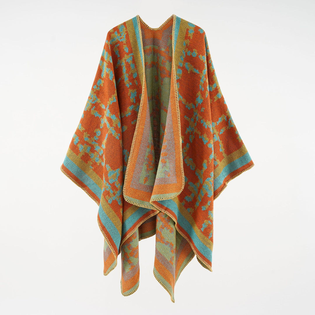 Damen Wollmix-Umhang mit jacquardgewebtem Aquarelldruck und offener Kimono-Silhouette – Montévia