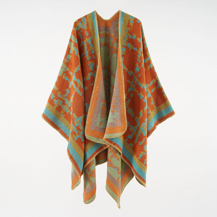 Damen Wollmix-Umhang mit jacquardgewebtem Aquarelldruck und offener Kimono-Silhouette – Montévia