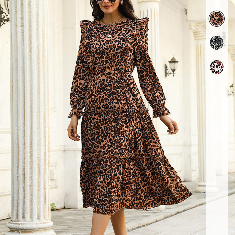 Damen Stufen-Midikleid mit Volantrock, Leo‑Print und elastischen Ärmelabschlüssen Echoarchiv