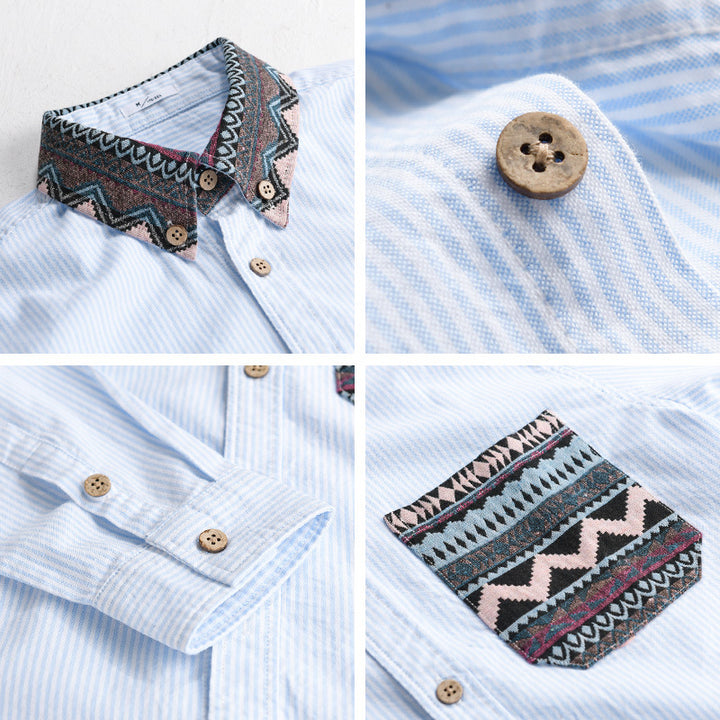 Herren Gestreiftes Baumwollhemd mit Jacquard-Kragen und Taschenbesatz Echoarchiv