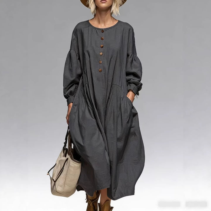 Damen Lässiges Midi-Kleid mit Knopfleiste, Ballonärmeln und Eingrifftaschen – Élara