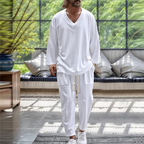 Herren Lässiges Lounge-Set aus Baumwollmix mit V-Ausschnitt und Kordelbundhose Echoarchiv