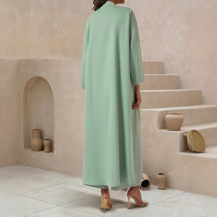 Damen Fließender Maxi-Kaftan-Mantel mit offenem Vorderteil und minimalistischem Stehkragen – Valéora
