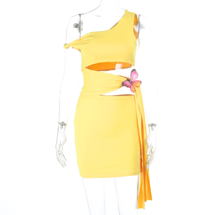 Damen asymmetrisches Mini-Kleid mit Blumenapplikation und Cut-Out Echo Archiv