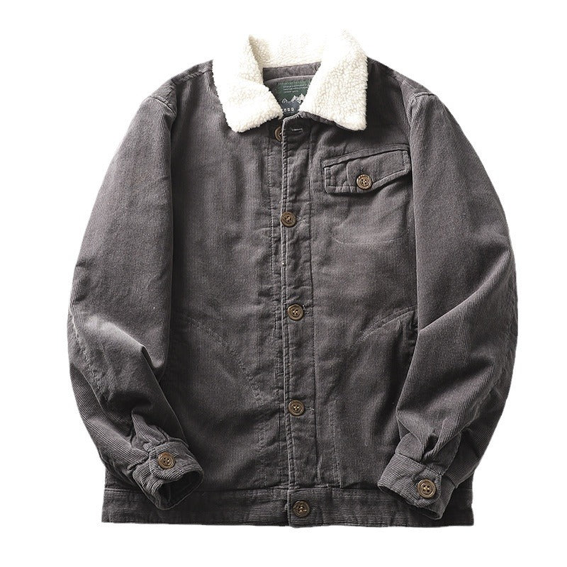 Herren nan gefütterte Cordjacke mit Teddykragen, Knopfleiste und aufgesetzten Taschen Echo Archiv