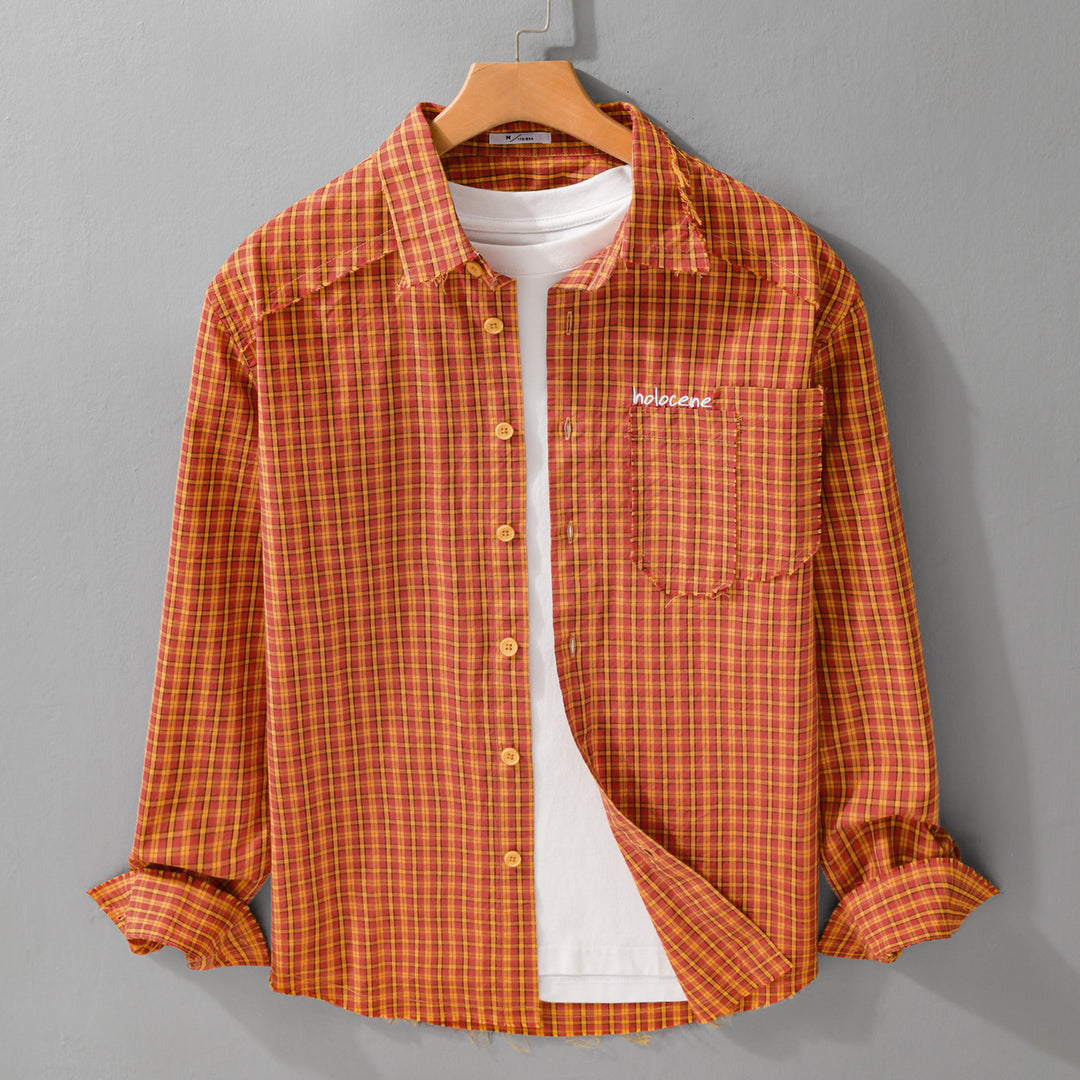 Herren Karo-Overshirt mit fransigem Saum, Brusttasche und Relaxed-Fit Echoarchiv