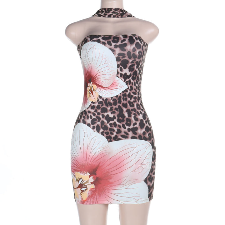 Damen figurbetontes Minikleid mit floralem Leopardenmuster und schulterfreiem Design Echo Archiv