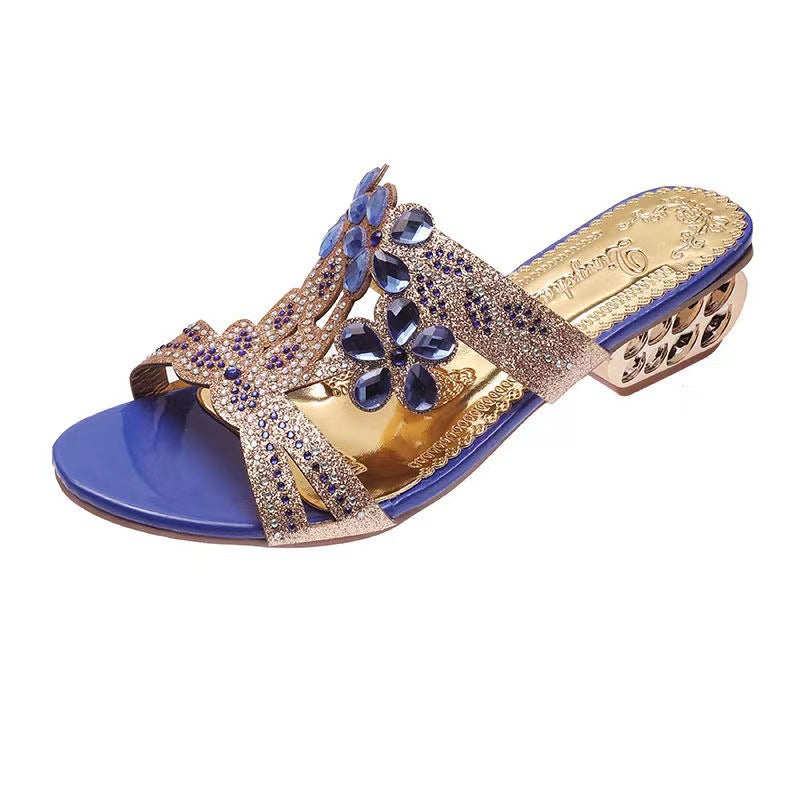 Damen nan verzierte Riemchensandalen mit mittelhohem geometrischem Blockabsatz und Kristallblumen Echo Archiv