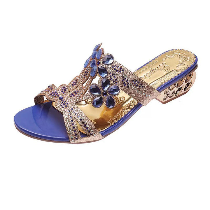 Damen nan verzierte Riemchensandalen mit mittelhohem geometrischem Blockabsatz und Kristallblumen Echo Archiv
