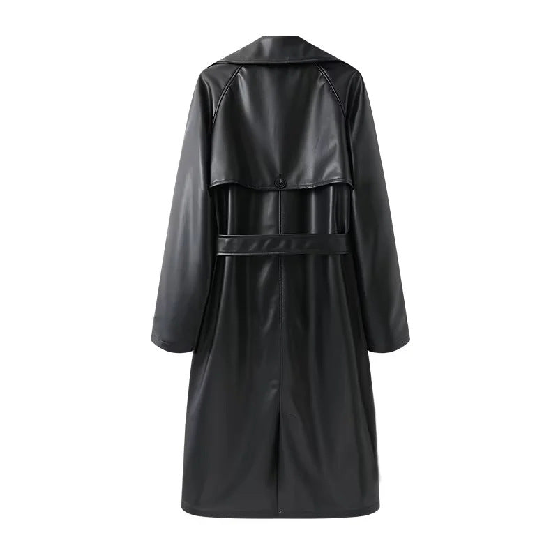 Damen lang geschnittener Trenchcoat aus veganem Lederimitat mit weitem Schalkragen und Bindegürtel – Montévia